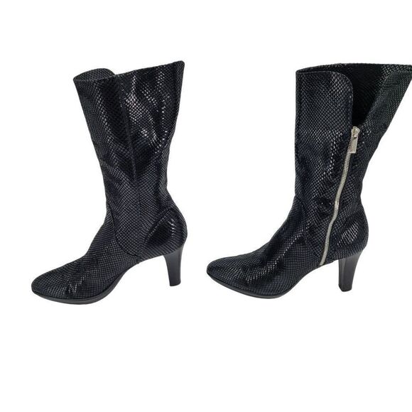 90s Aquatalia Boots Leather Liquid Snake Tall Mid Calf High Heel Black 10 Gothic - Picture 9 of 12